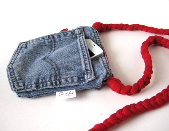 Denim Pockets with Strap. iPhone Case. Small Purse. MADE TO ORDER Eco Fashion upcycled repurposed. Spring Summer Fashion