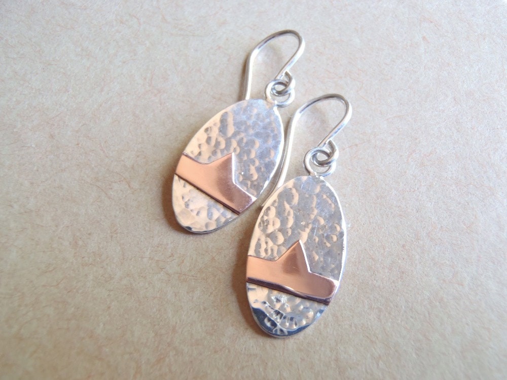 Mixed Metals Sterling Silver & Copper Earrings: Hammered .925 Ovals with Appliqué Copper Gothic Design, Pierced Ear New Handcrafted Jewelry