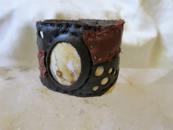 Brown Leather Cuff with White Jasper Cabochon