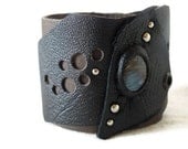 Black Leather Cuff Bracelet with Labradorite Cabochon