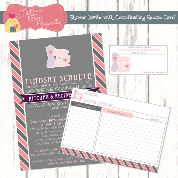 Bridal Kitchen / Recipe Shower Invitation with Coordinating Recipe Card- Custom Order to Match the Bride's Colors - Printable Digital File Il_570xn