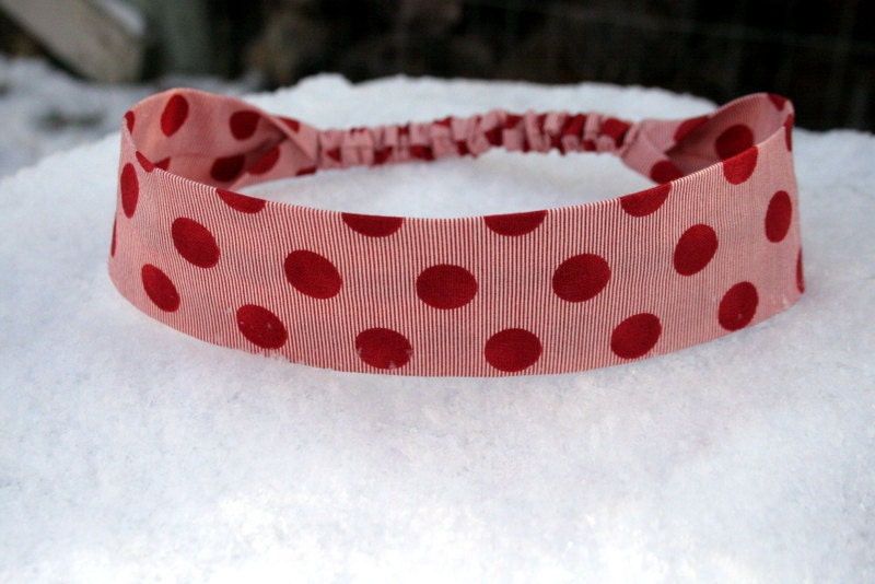 LAST ONE-Ladies fabric headband in Red and White Polka Dots and Stripes