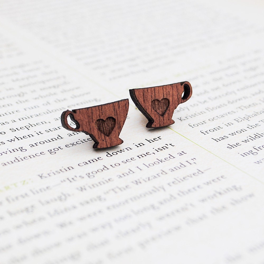 Mini Tea Lover Stud Earrings, Tea Cup, Wooden, Nickel Free