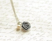 Beautiful Grey Rose Necklace - Rose and Pearl Necklace - Grey Necklace - Bridesmaid Necklace - Flower Necklace - Flowergirl necklace