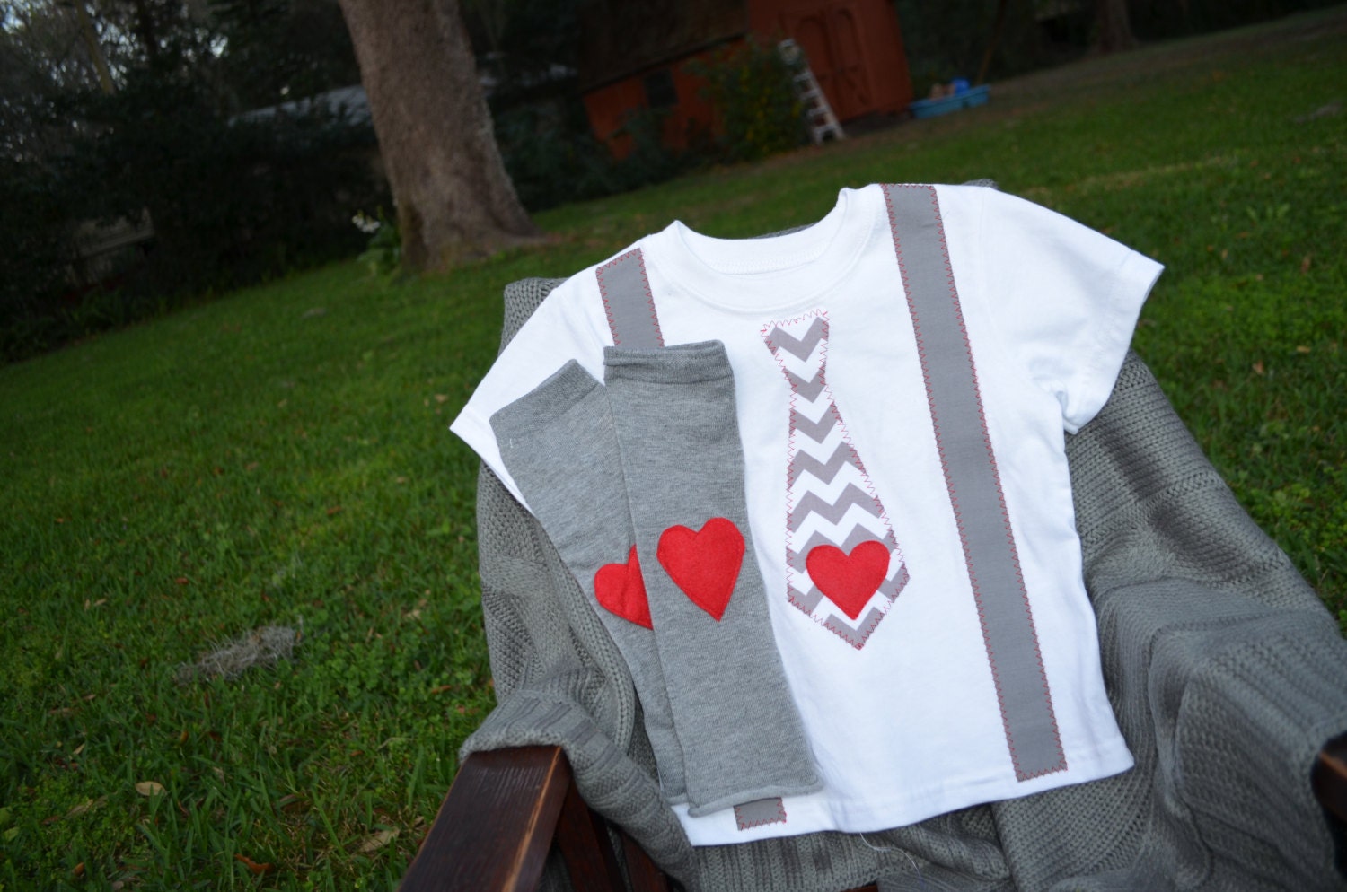 New Onesie with Tie and Suspenders with Baby Legs Legwarmers Gray Chevron Zig Zags Felt Heart Applique Perfect Photo Prop