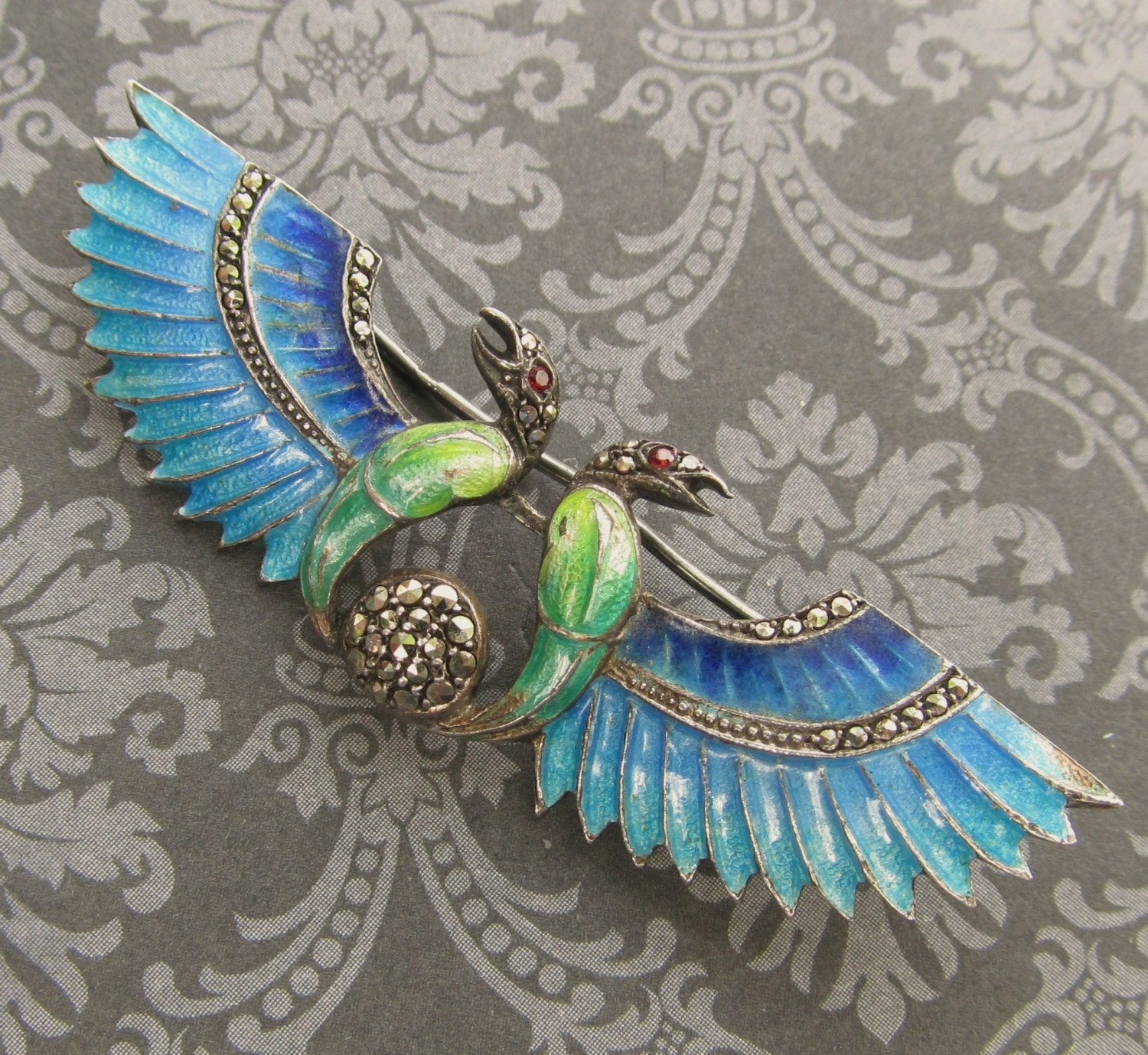 Egyptian Revival Brooch 935 Silver Enamel And Marcasite Antique Bird Pin Circa 1930