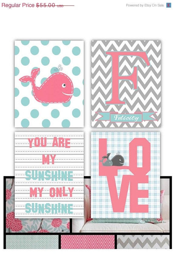 SALE Nursery Wall Art for girl, Set of Four  8x10 prints, Whale, Letter/Name, LOVE, and You are my Sunshine