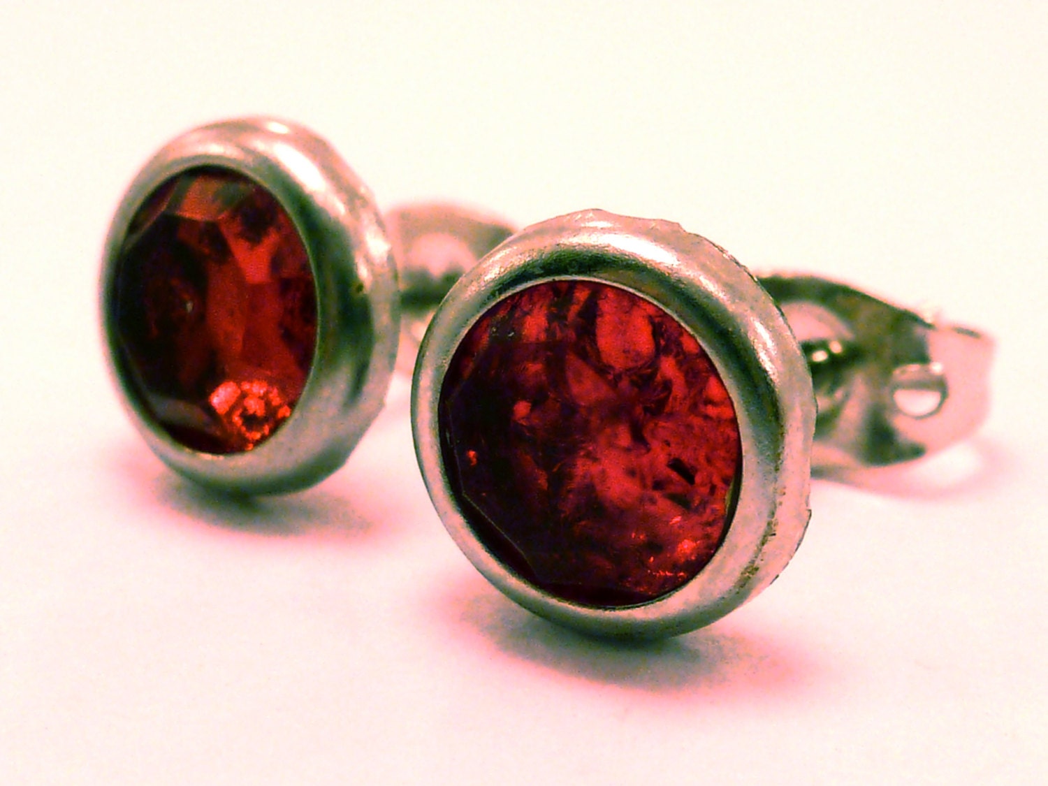 Red Crystal Stud Earrings: Crackle Rhinestone Studs, Round Studs, Foiled, Antique Silver, Ruby Red