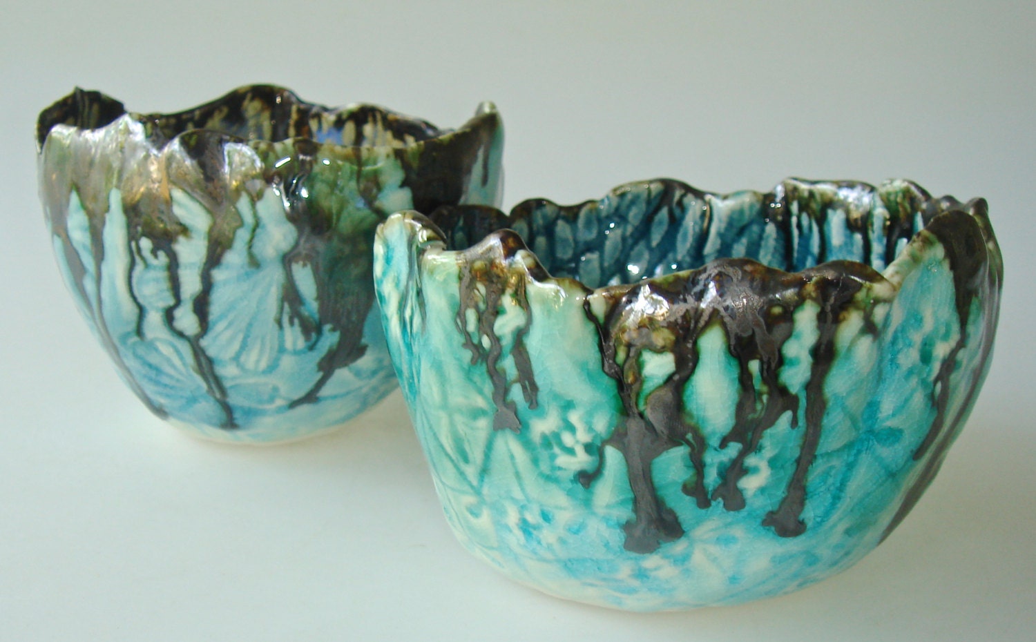 Decorative bowls, Organic shaped ceramic bowls with lace texture, teal, turquoise cerulean and emerald green