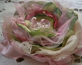 Pink, green, white Fabric flower brooch with beads, Swarovski crystals and small pearls hair flower hair accessory Wedding Bridal