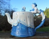 Vintage Teapot A La Carte Dept 56 Blue & White Table Lady Handle Retro 1980s Shabby Chic