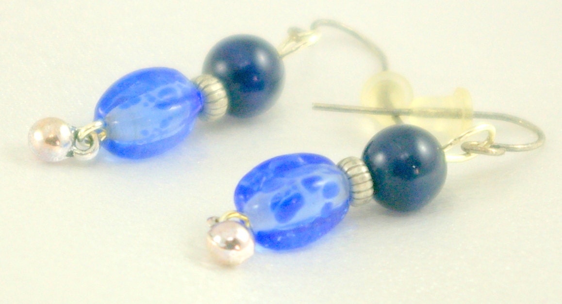Blue Lampwork and Cats Eye Earrings with dangle.  Lagoon.  Summer trends.