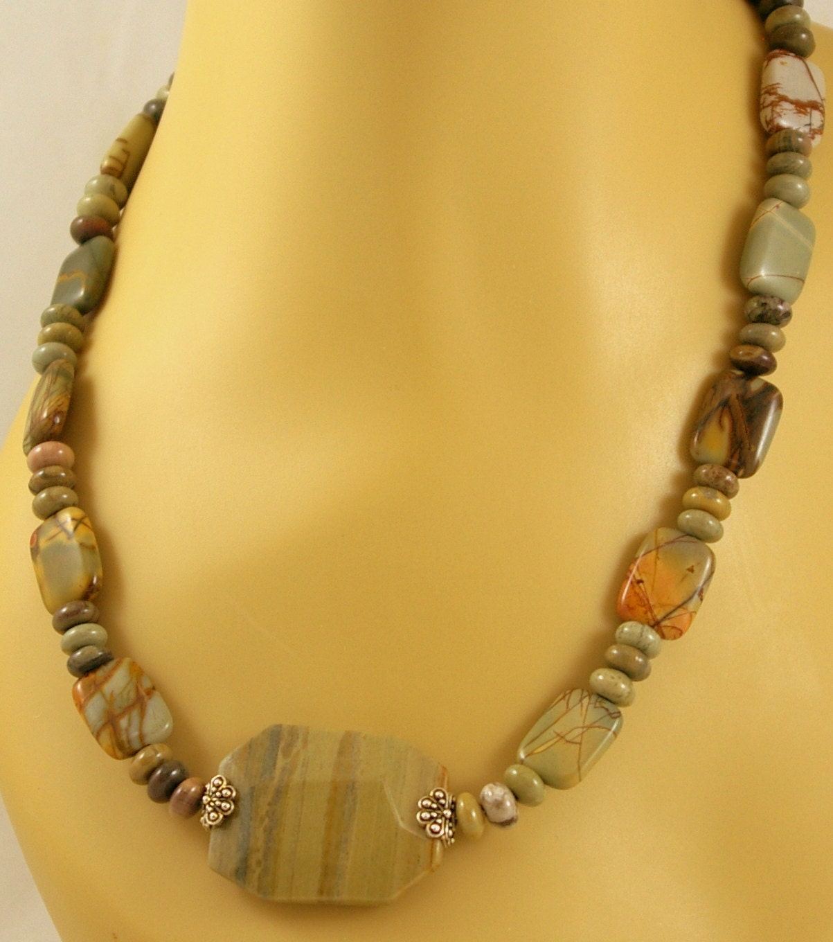 Silver Leaf and Picasso Jasper Necklace with Free Form Jasper focal.  Tropical.  Artisan.