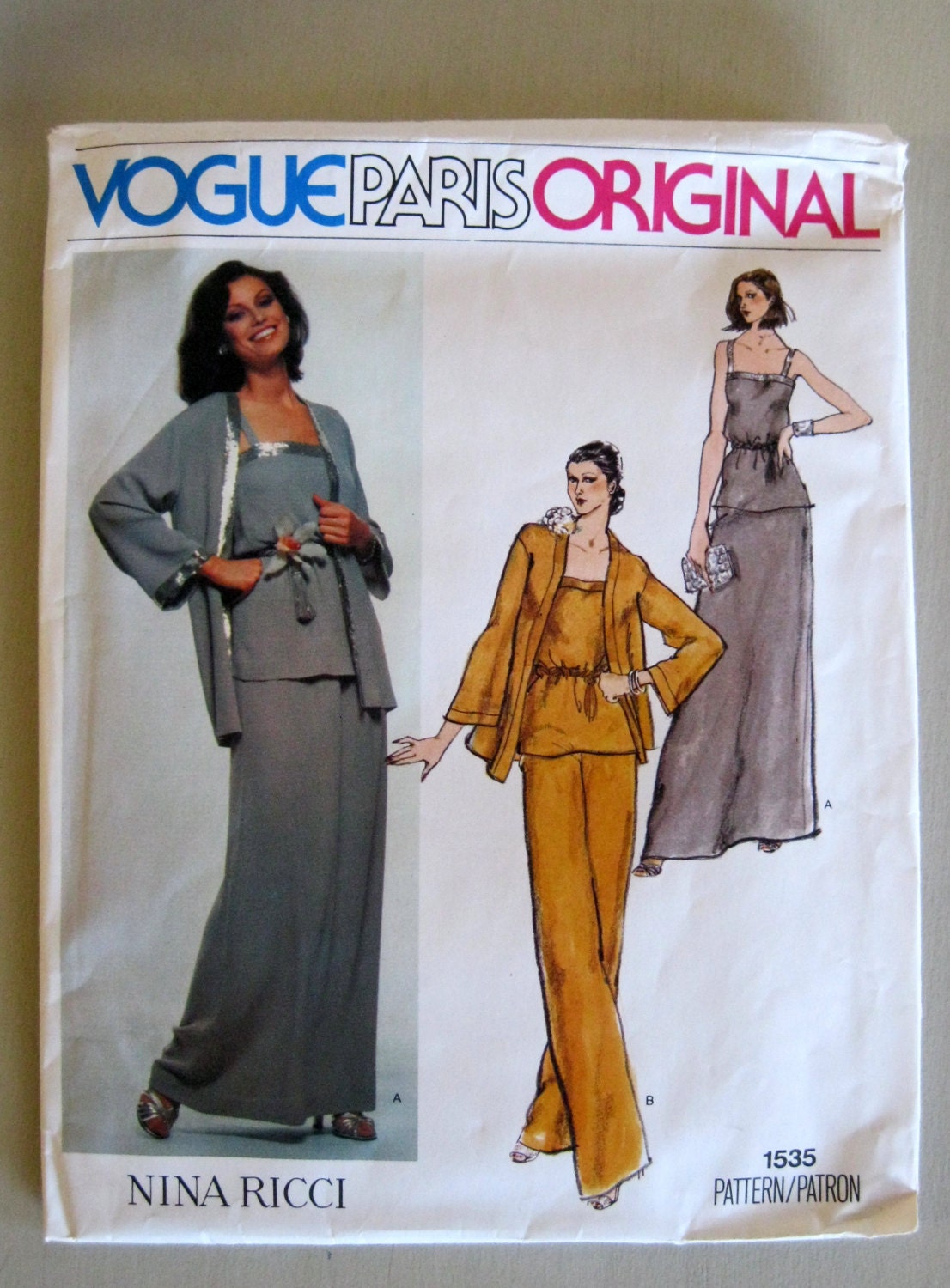 Vogue Paris Original 1535 Nina Ricci 70s Evening Top Skirt Pants Pattern Bust 38 with LABEL Misses Size 16 UNCUT FF