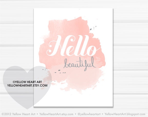 Graphic Art Print "Hello Beautiful" in Peach, Blush and Gray Watercolor - by Yellow Heart Art