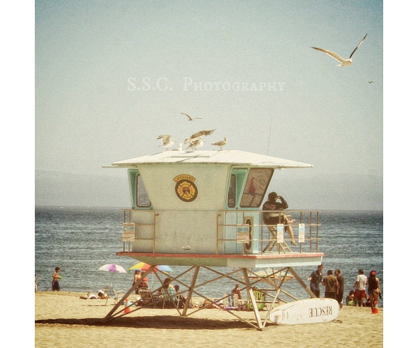 Beach photo. Santa Cruz. Lifegaurd Tower. Ocean. People on the beach. Summer photography. California. Beach home decor. surfboard. seagull
