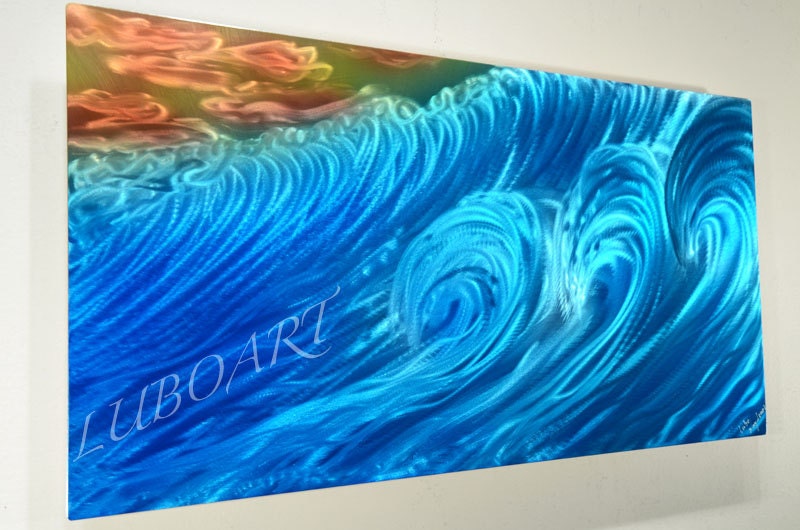 Sea Greetings blue sea wave METAL paint abstract art modern wall sculpture decor Original Lubo