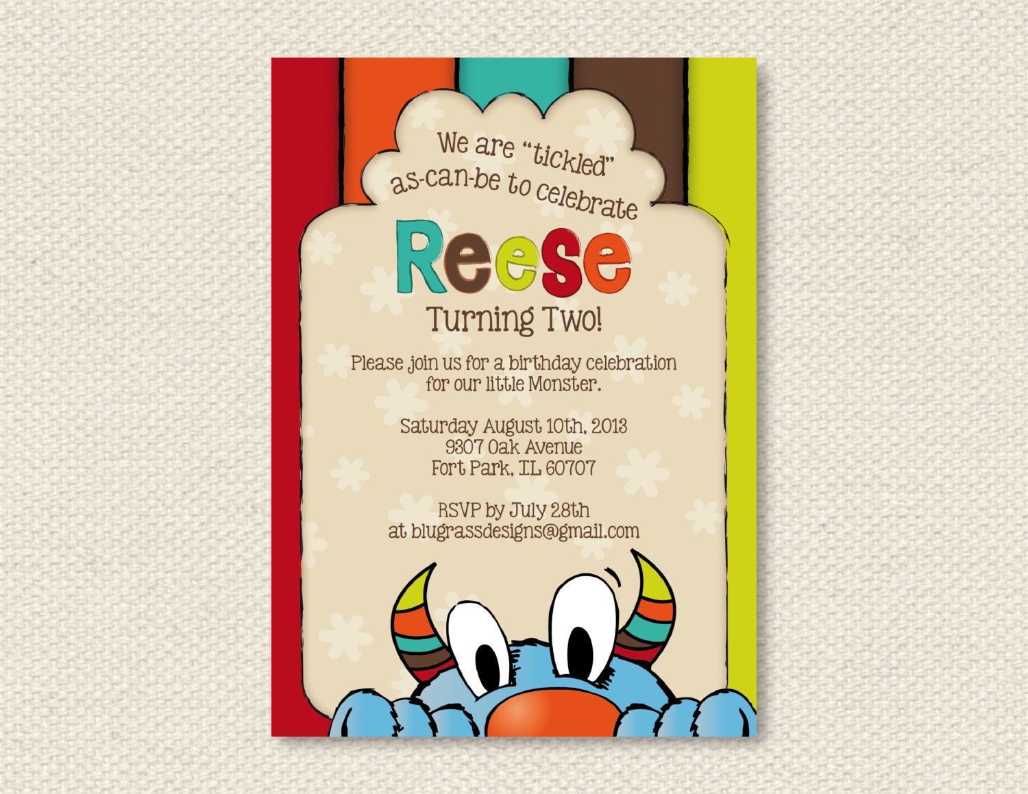 custom birthday party invitation - tickle monster inspired
