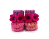Baby Booties - Hand Knitted with Crochet Bell Flowers - Pink and Purple, 0 - 3 months