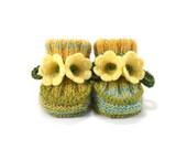 Baby Booties Hand Knitted with Crochet Yellow Bell Flowers, 0 - 3 months