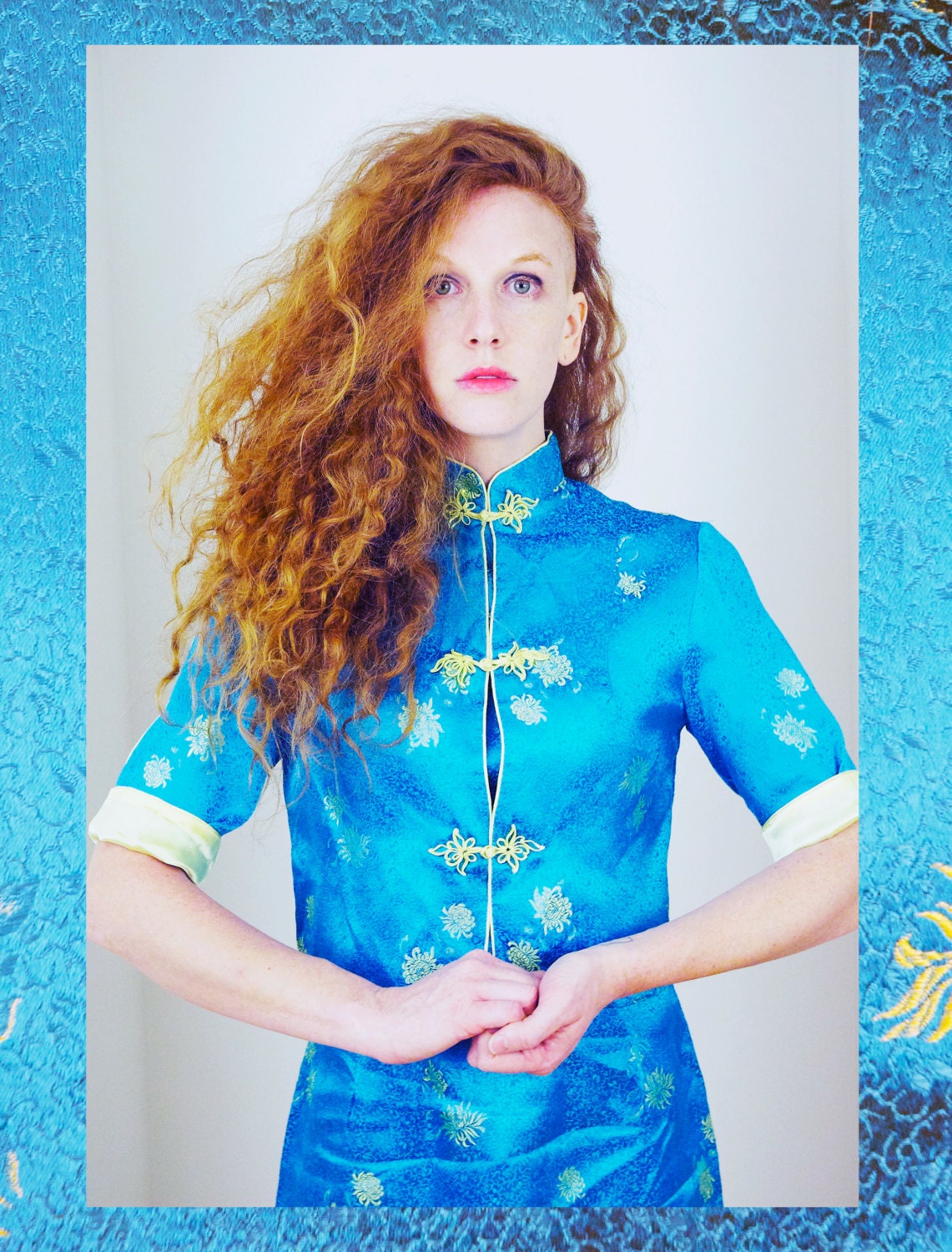 Vtg 80s/90s Aqua/Yellow Asian Inspired Dress & Jacket S