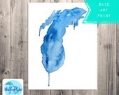 Lake Michigan in Blue - Great Lakes - Watercolor Map Painting - Giclee - Midwest - Wisconsin - Affordable Art - Water - For the Home