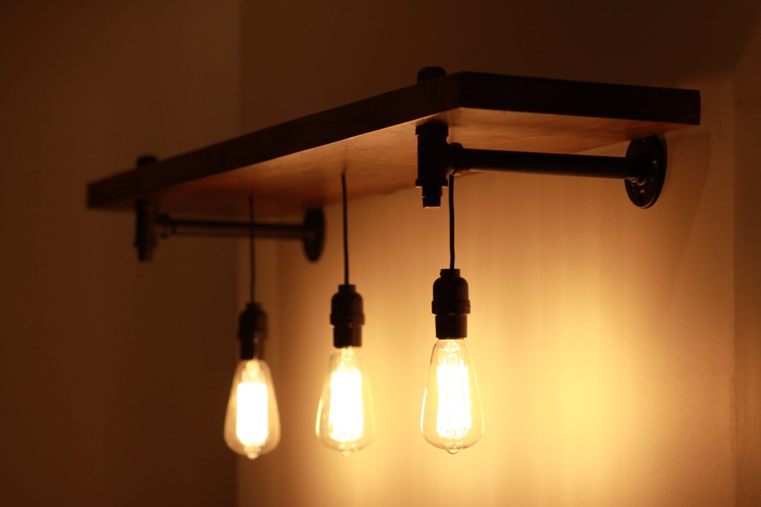 Rustic Wood and Pipe shelf with Pendant lighting