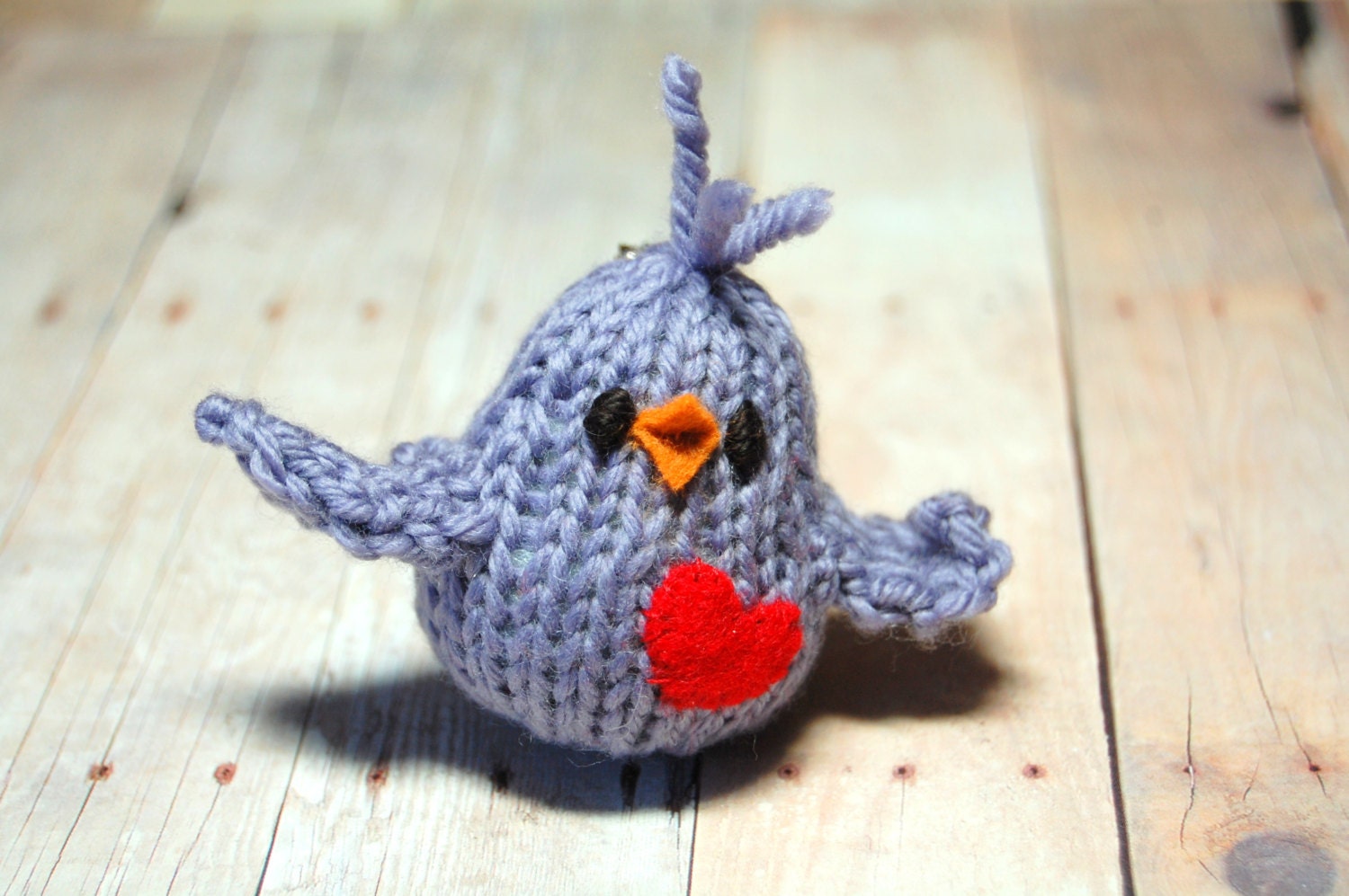 Bird Brooch- Little Purple Bird with Heart Lapel Pin - Knit - Valentine's Day - Mother's Day - Spring - Natural Fibers - Merino