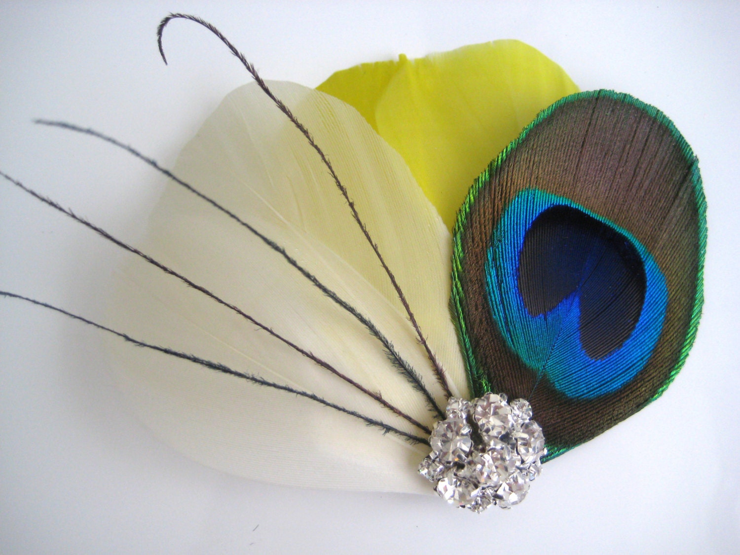 Wedding Bridal Ivory Canary Yellow Peacock Feather Rhinestone Jewel Head Piece Hair Clip Fascinator Accessory
