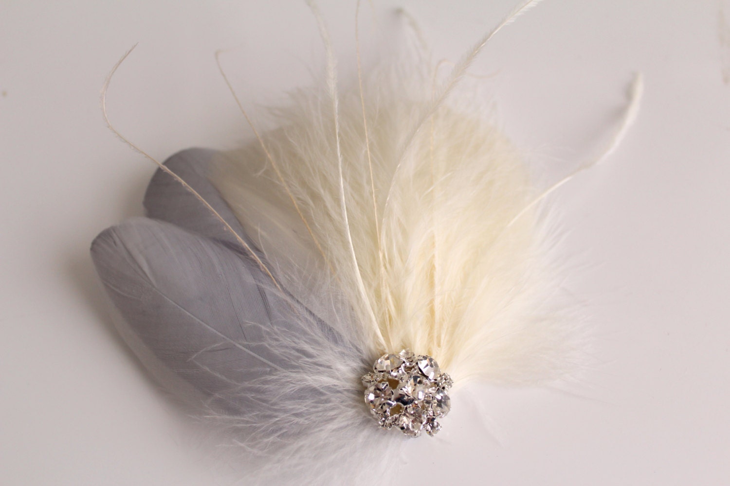 Wedding Bridal Bridesmaid Ivory Grey Silver Feather Rhinestone Jewel Head Piece Hair Clip Fascinator Accessory