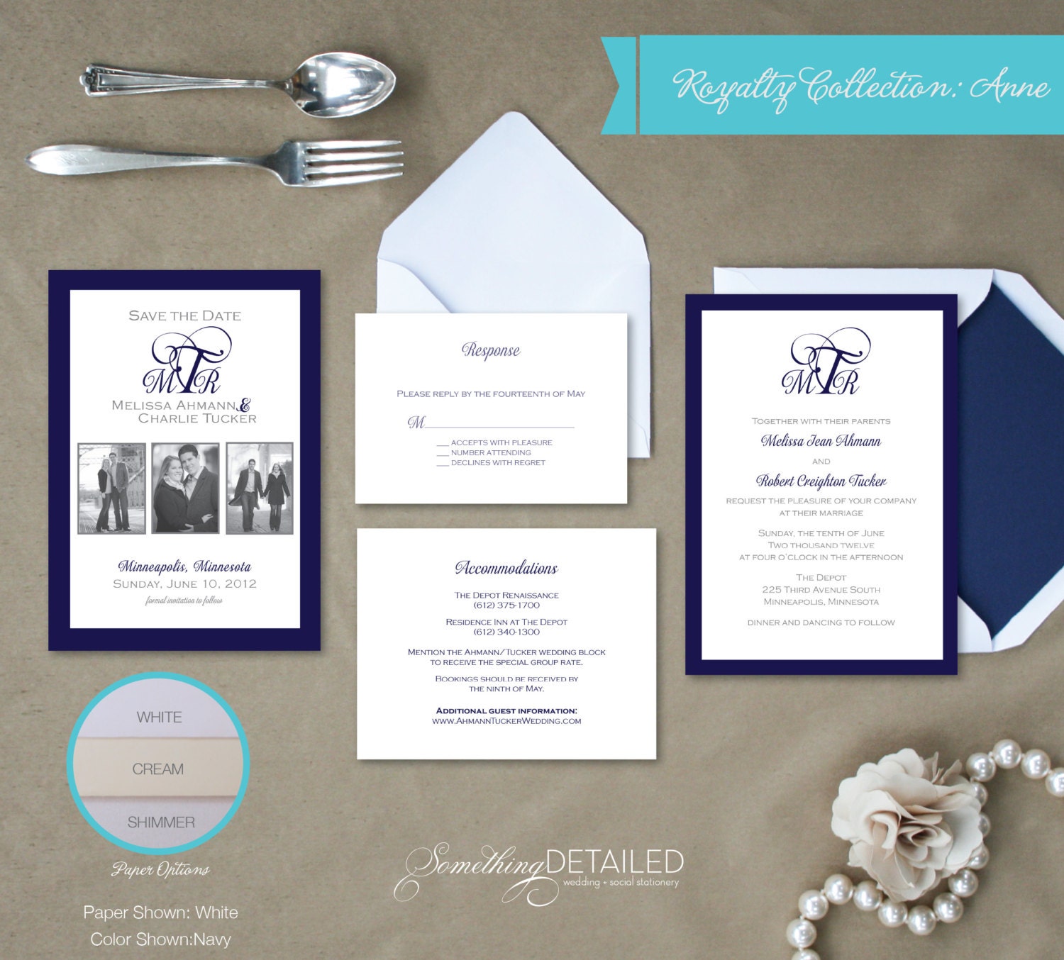 ANNE: Traditional Navy and White Wedding Invitation Suite with Monogram