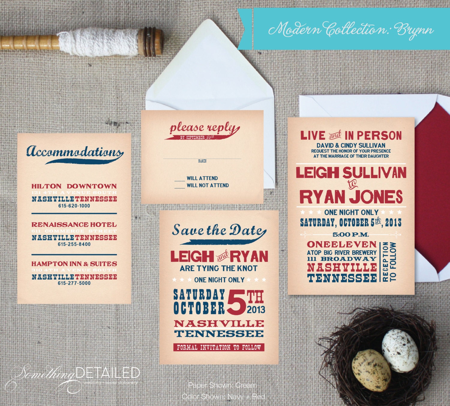 BRYNN: Vintage Typography Wedding Invitation Suite with Rustic Concert Poster Design in Red, Blue and Purple