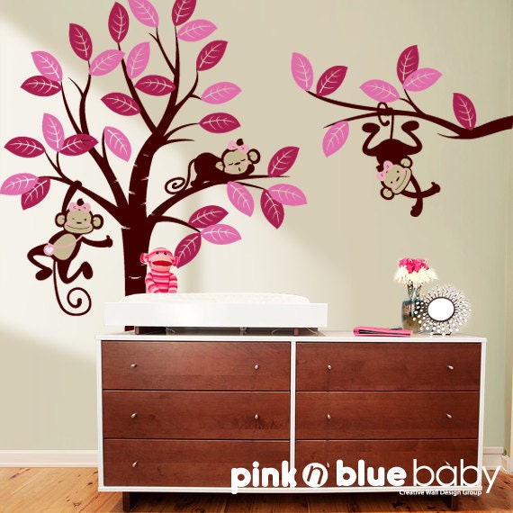 Wall Decal Girl monkeys on the tree - Baby Nursery Wall Decals