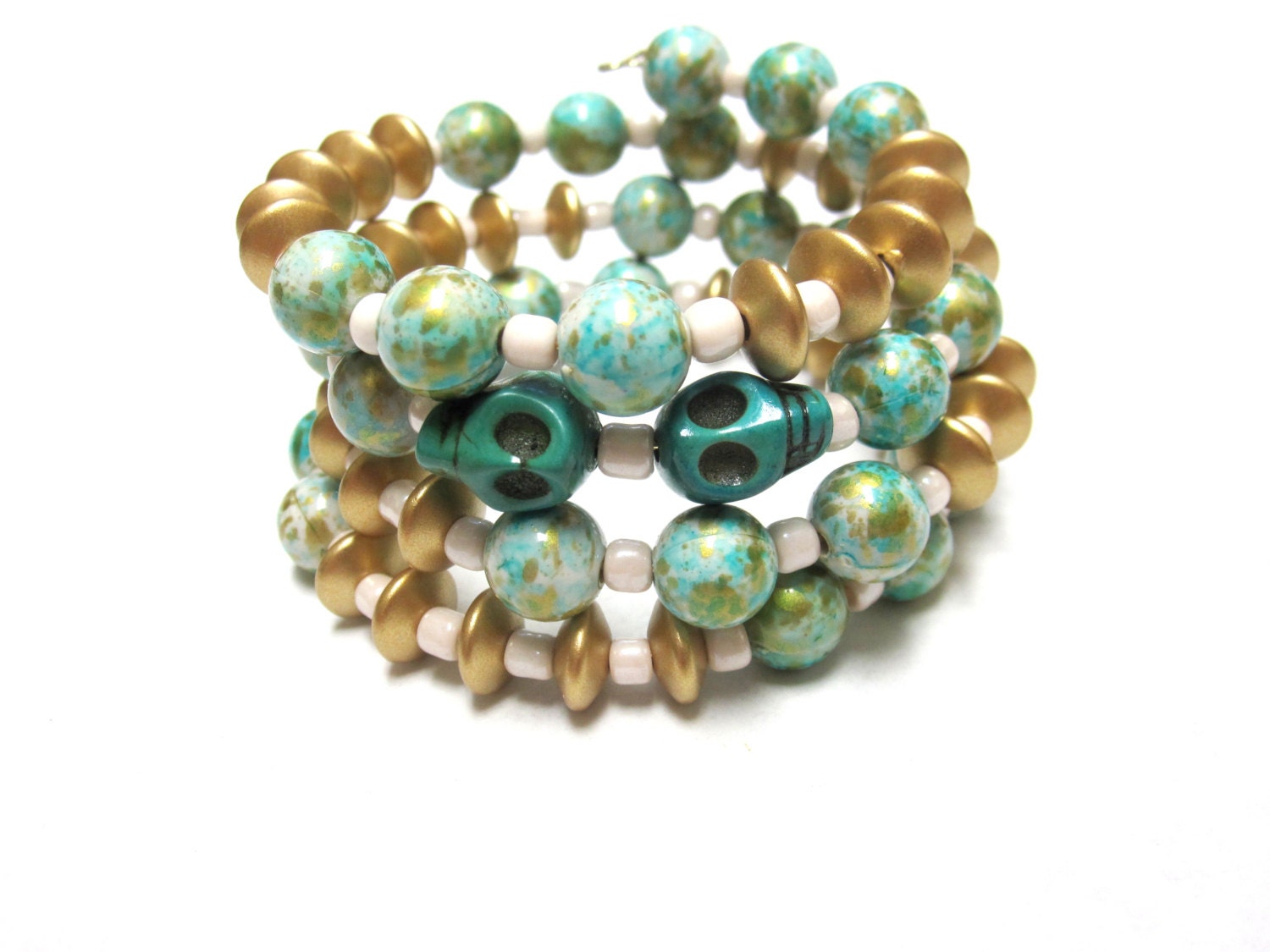 Skull Bracelet Day of the Dead Cuff Wood Stone Gold Green White SugarSkull