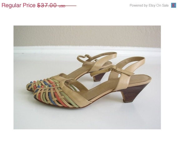 SALE vtg 80s nude COLORFUL leather STRAPPY Sandals wood heels 9.5 hippie shoes boho