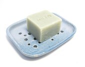 Soap Dish Ceramic Stoneware Sky Blue Rectangular with Holes for Natural Soap