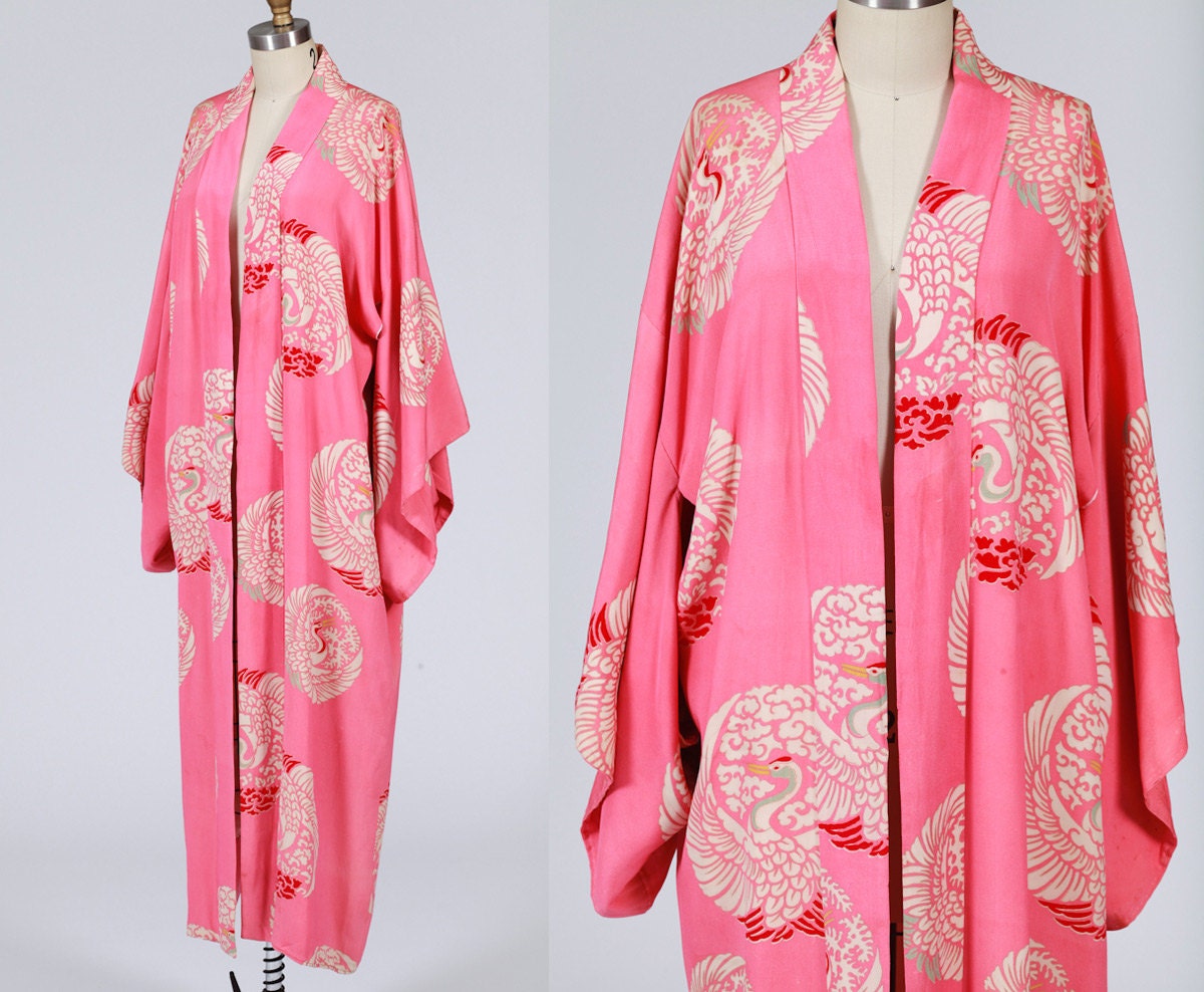 vintage kimono/ silk robe/ cranes