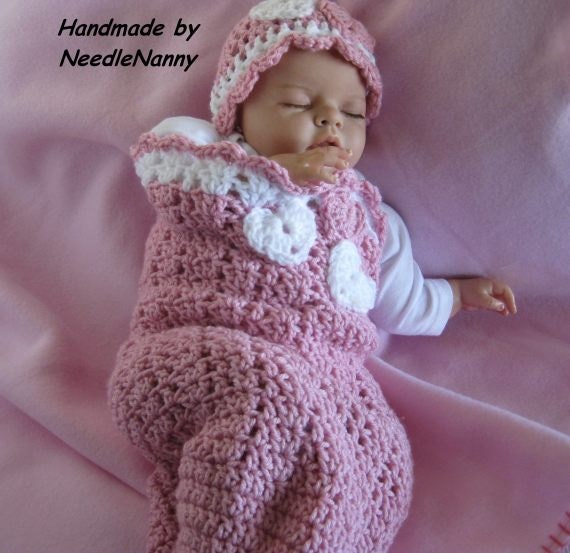 Crochet Cocoon Newborn Sweetheart Cuddle Sack Newborn Clothing Baby Accessories Pink and White Hearts Cocoon Hat Set