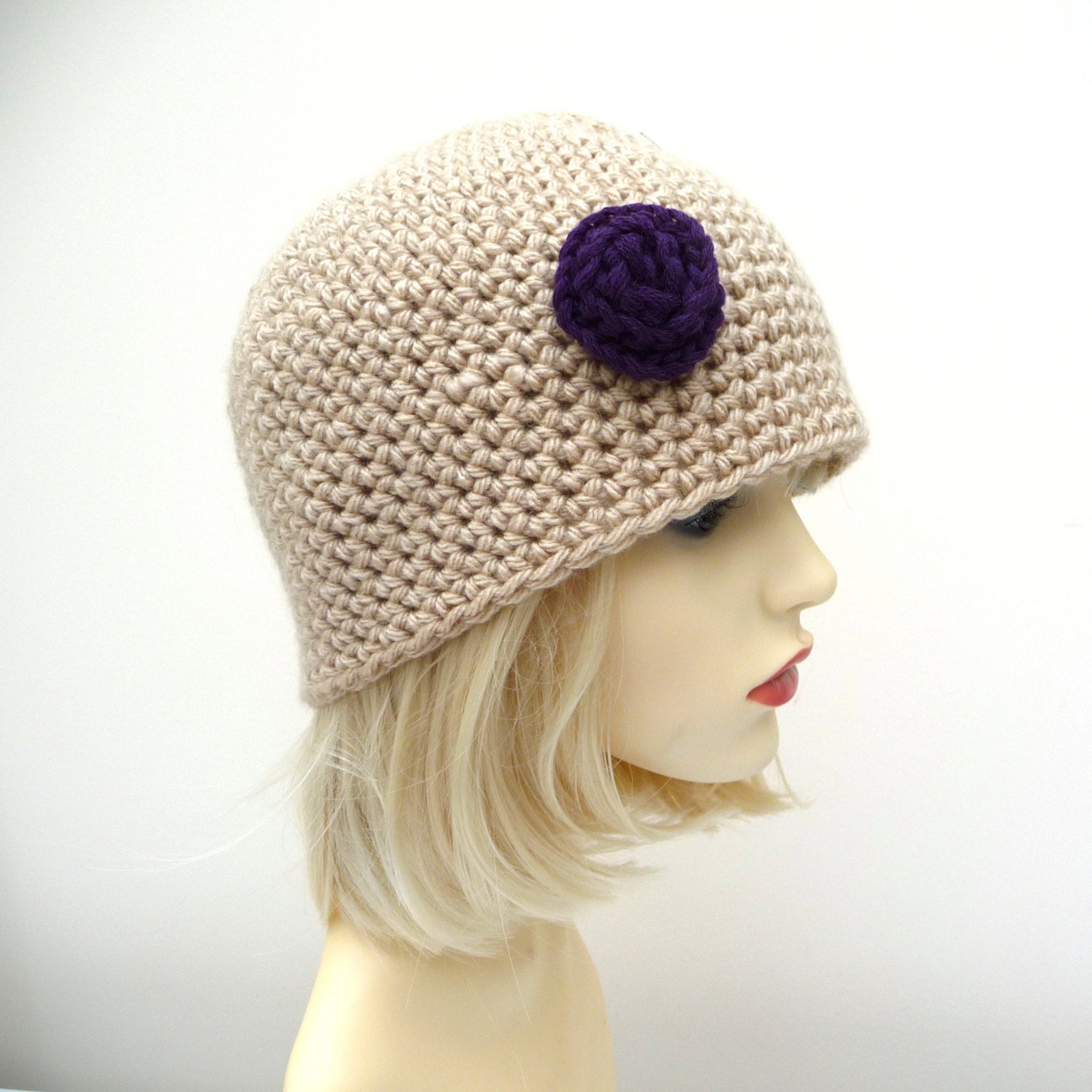 Adult Crochet Hat Beige with Purple Flower Rose
