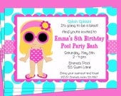 Pool Party Invitation Printable - You pick hair color/style & skin tone