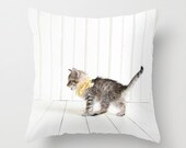 Kitten Pillow Case, Pillow for Nursery Decor, Shabby Chic Pillow Case, White Yellow Throw Pillow Cute Pillowcase 16x16, 18x18 Pillow Cover