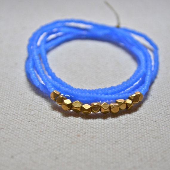 The Tumble Series in Sapphire- Minimal Seed Bead Necklace with Faceted Brass