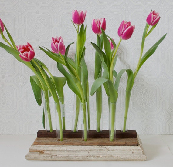rustic bud vase, table centerpiece made from reclaimed wood with 10 glass cigar tubes