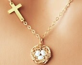 14k Gold Fill, Sideways Cross / Bird Nest Necklace - Nest of 1 2 3 4 5 6 or 7 Golden Eggs - Christian Mother's Day Gift