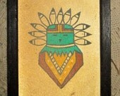 Mid Century Sand Picture / Native American Good Luck / Pueblo Tribe / Turquoise Maroon