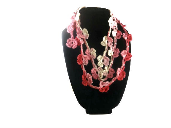 Crochet lariat scarf, Pink flowers, fashion scarf, necklace,   spring scarf, Eco Friendly Scarf