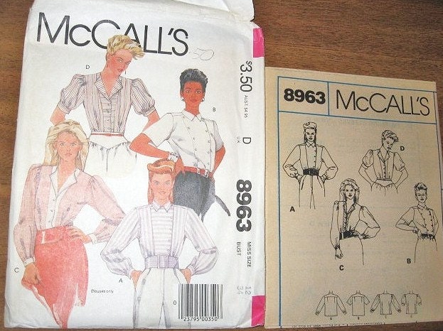 Panel Front Blouses with Buttons or Snaps and Sleeve Options Women's Vintage 1980s McCall's Sewing Pattern 8963 Bust 34 Factory Folds