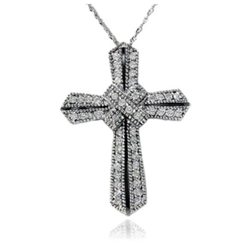 Vintage 1/2CT Diamond Cross Pendant Milgrain Antique Style 14 KT White Gold