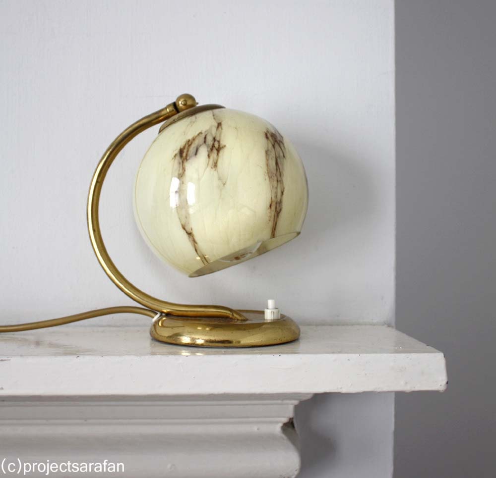 Vintage Lighting. Midcentury Art Deco Lamp. Small Bedside Table Lamp with Marbled Glass Lampshade,Brass Base.