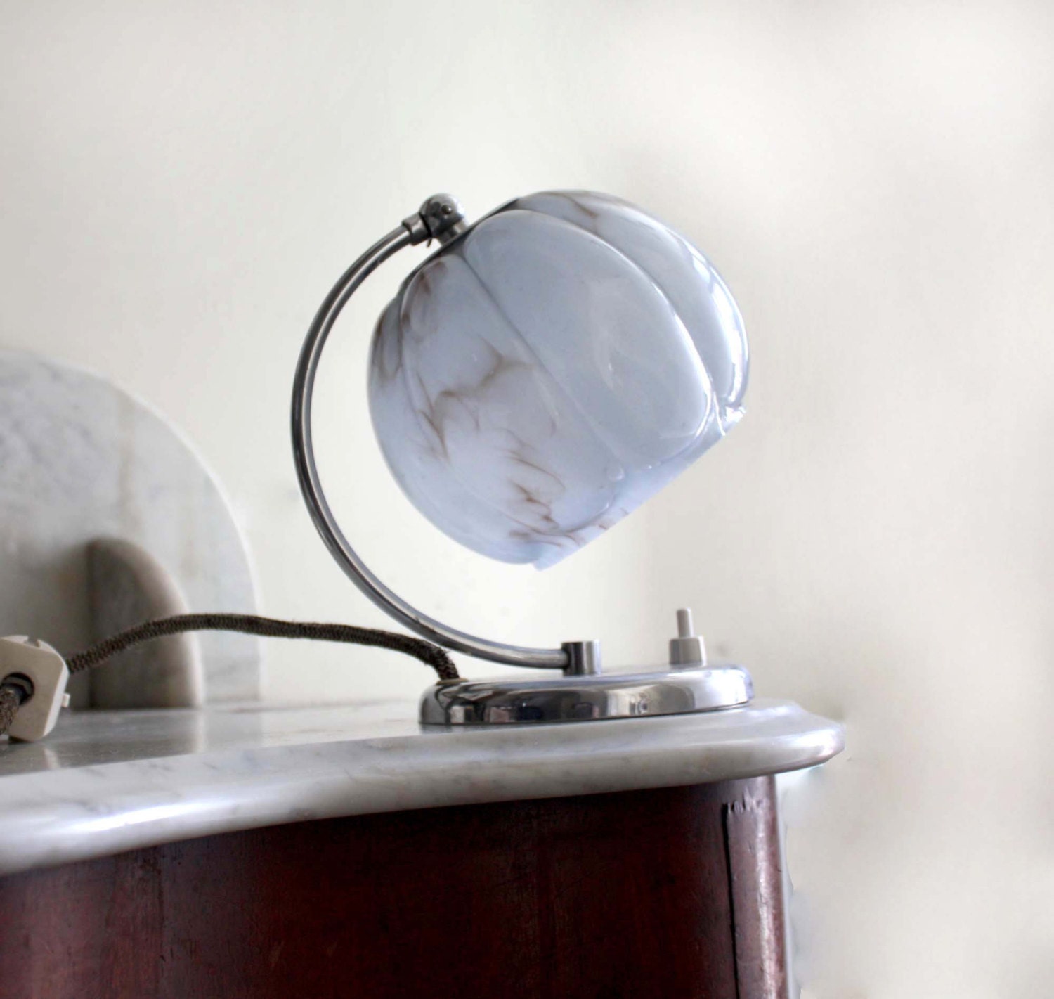 Vintage Art Deco Table Lamp. Adjustable Translucent Baby Blue Marbled Glass Shade and  Chromium Base. Rare vintage lighting